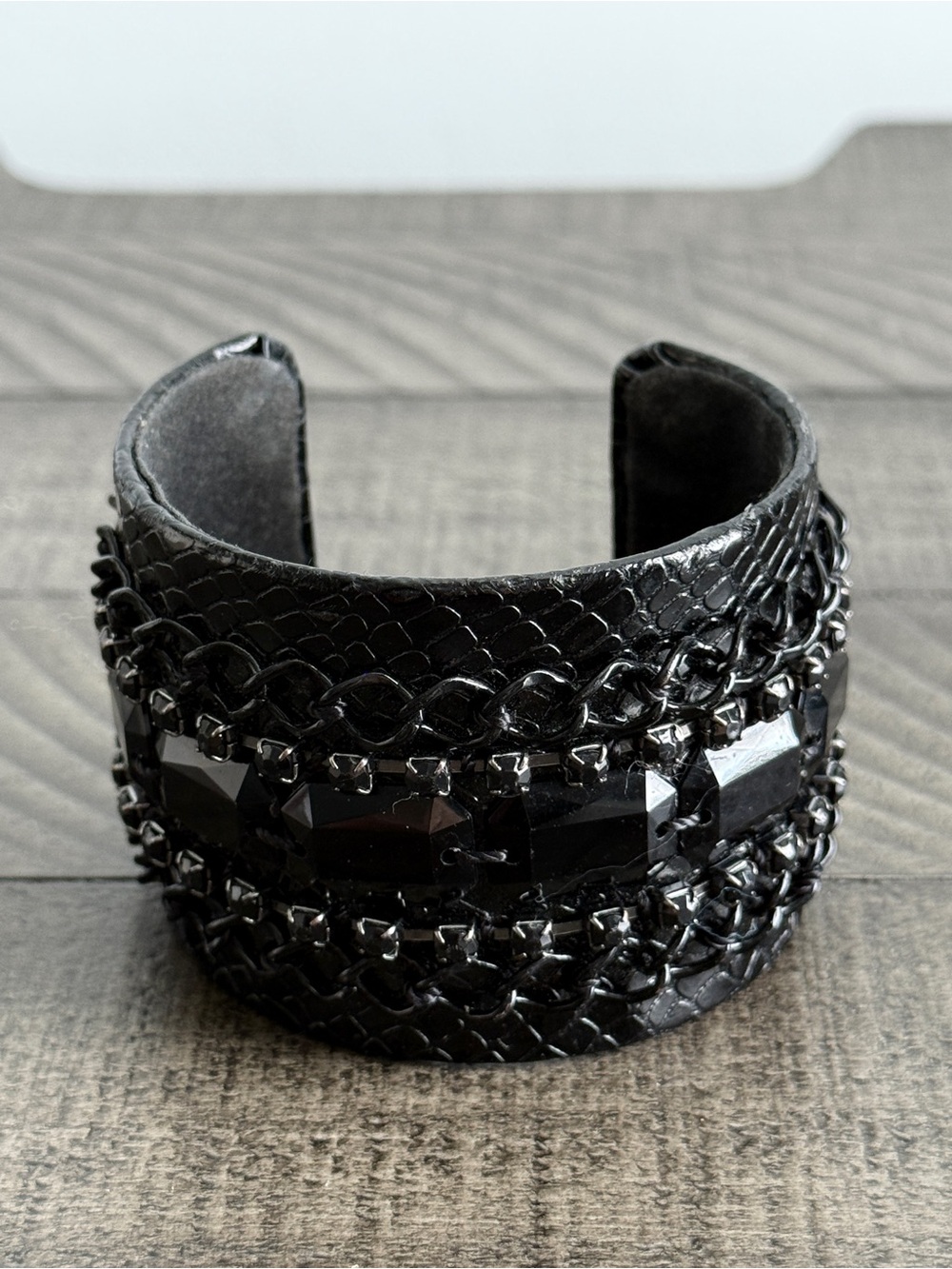 Black Jeweled Cuff Bracelet Chain & Rhinestones